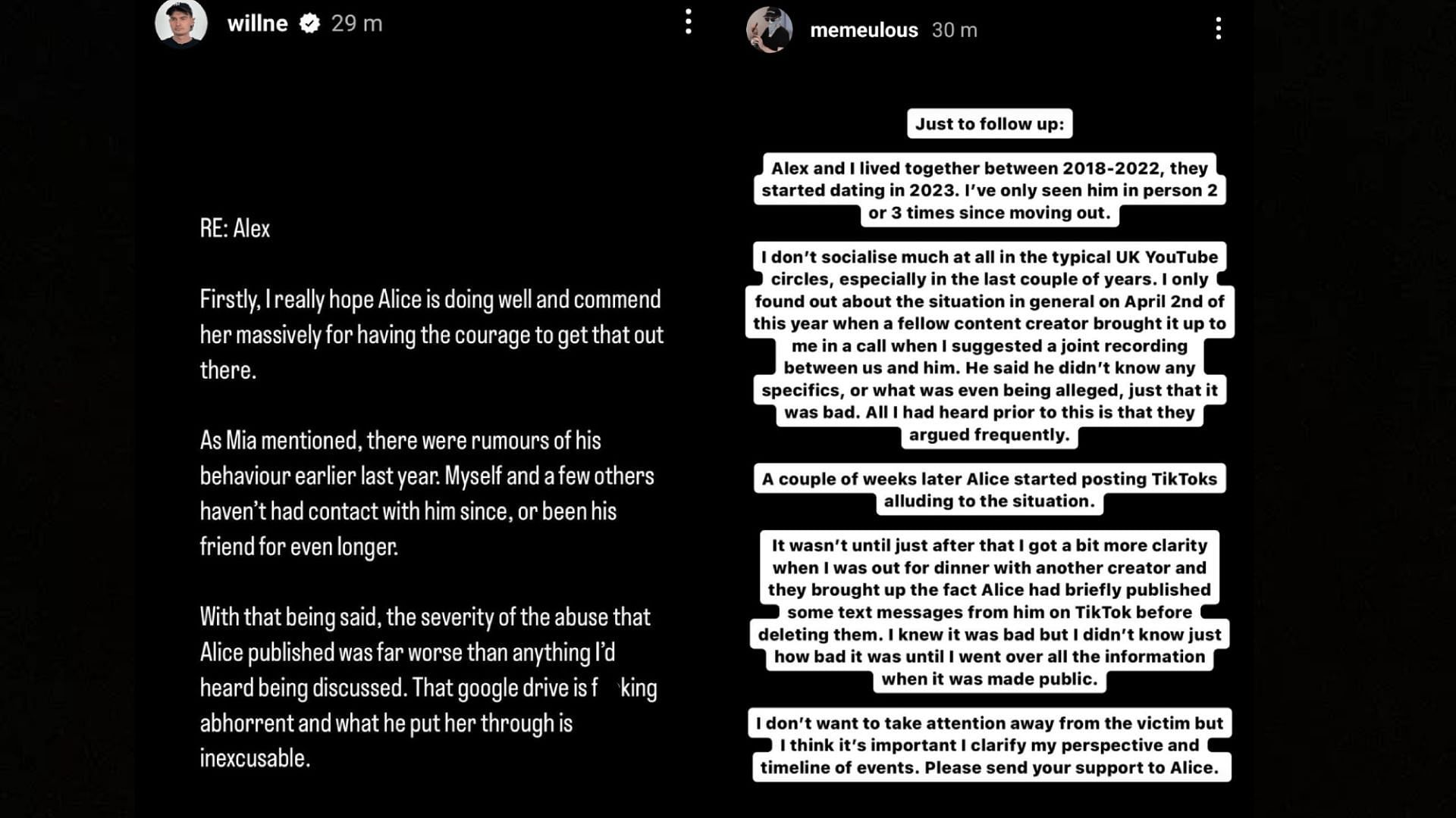 WillNE and Memeulous's statements regarding the allegations (Image via nicholasdeorio and BlueSquidComms/X)